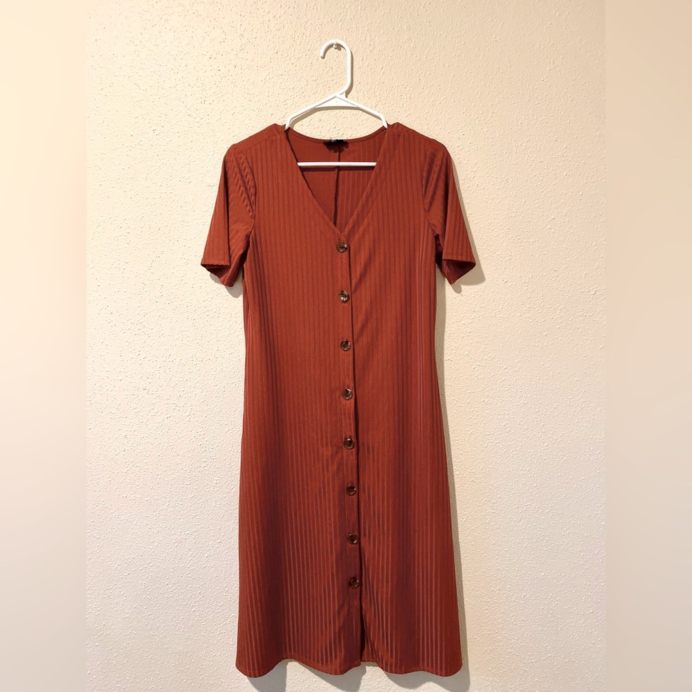 Rust/ Burnt Orange Button Up Ribbed Midi Dress